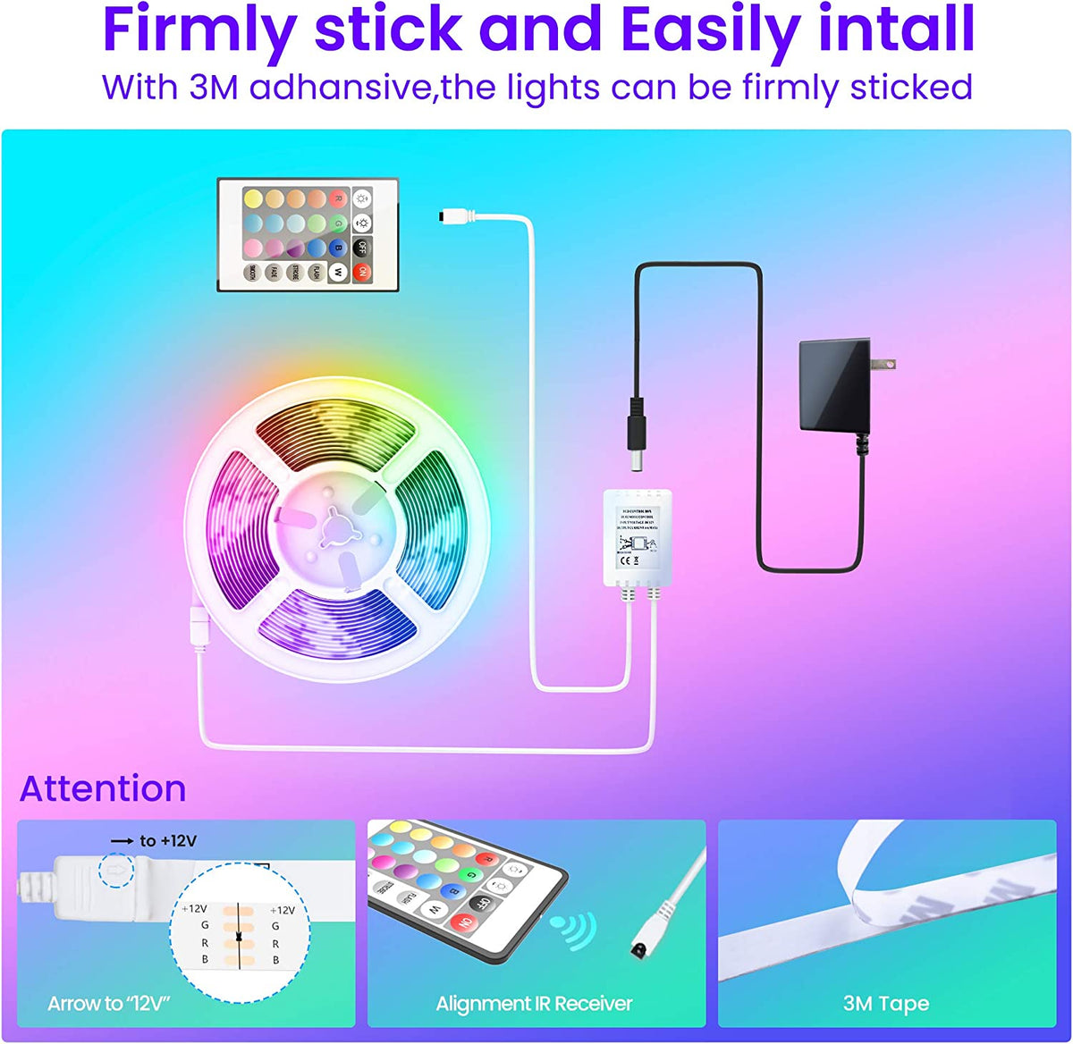 "Colorful 50 FT Bluetooth LED Strip Lights with Music Sync and Remote Control"