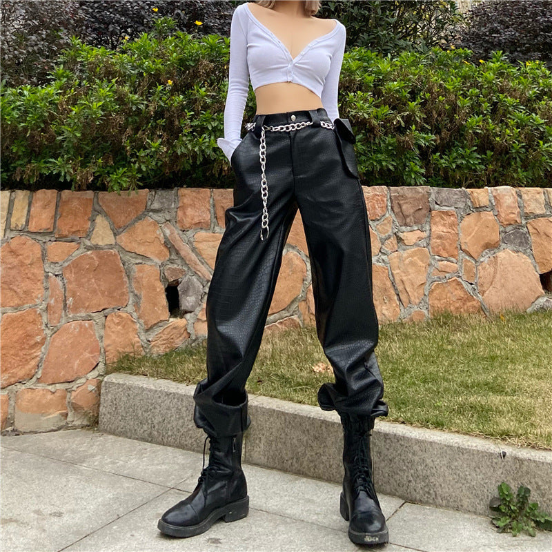 Women's Black Snakeskin PU Leather Fashion Cargo Pants