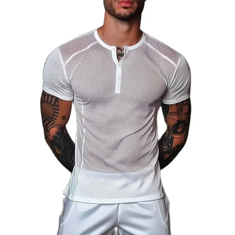 Casual Mesh Hollow Out Henley Shirt