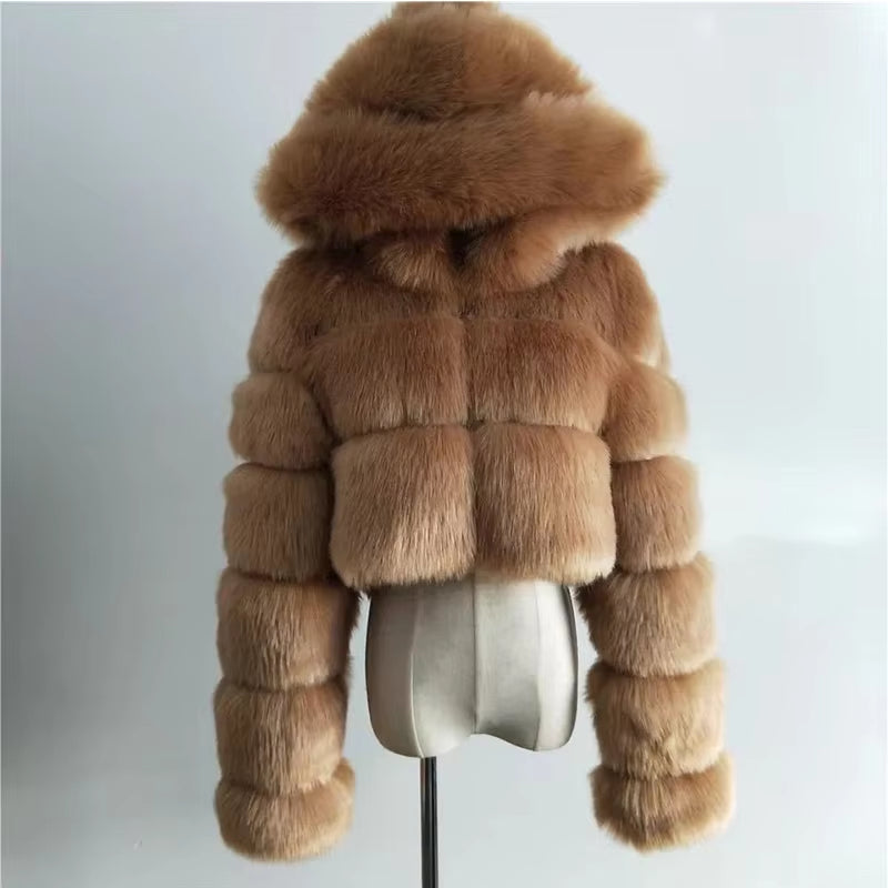 Hooded Fluffy Cropped Faux Fur Coats 