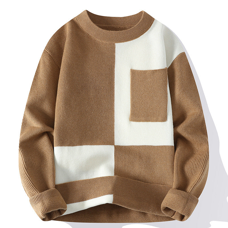 Unisex Retro Colorblock Pocket Sweater