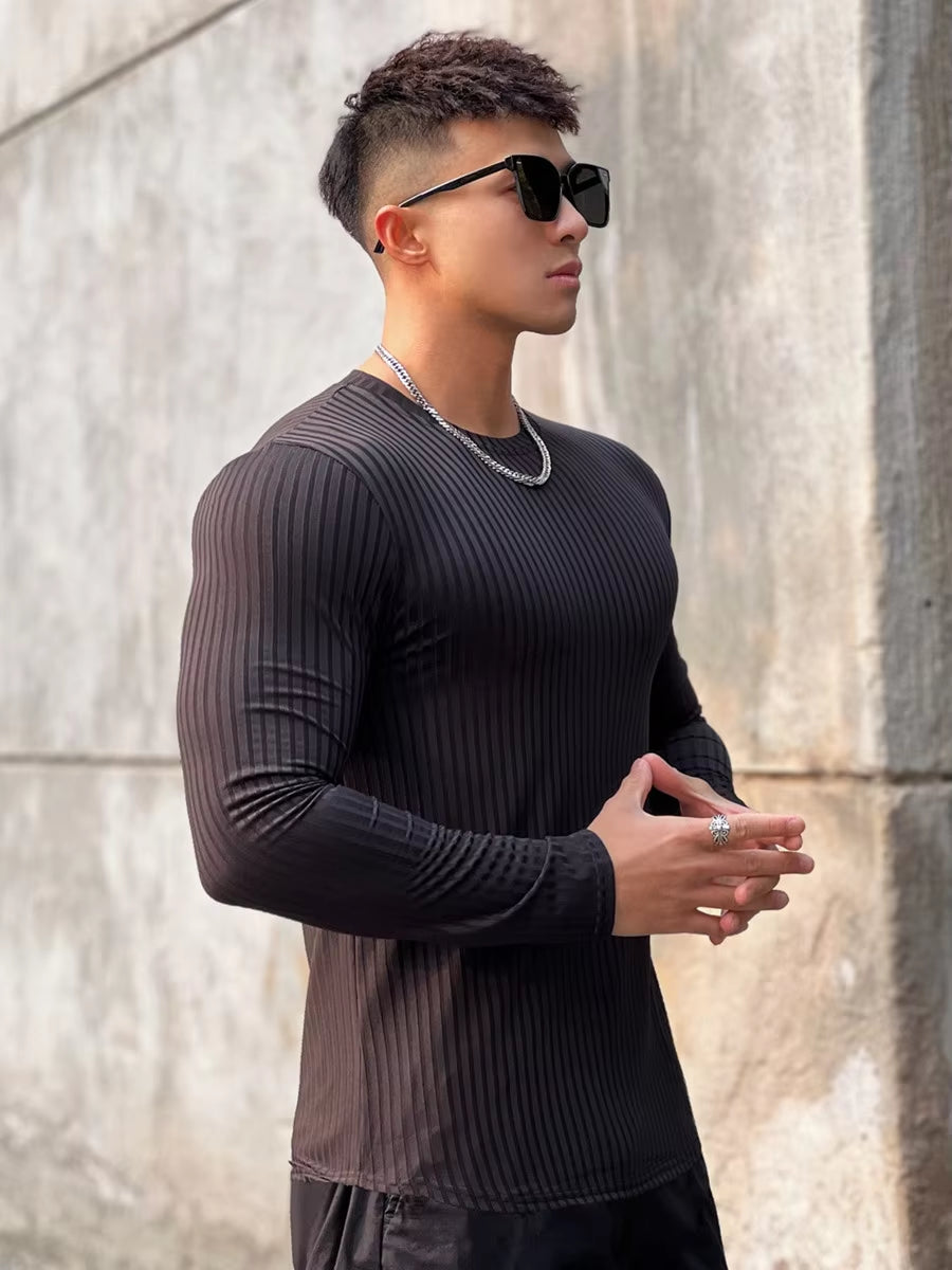 Ribbed Quick-Dry Fitness Casual Long Sleeve Shirt