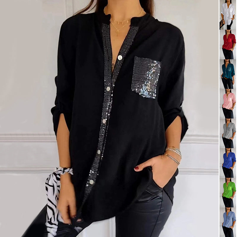 Casual Button-Down Long Sleeve Shirt Sequin Pocket Commuter Top