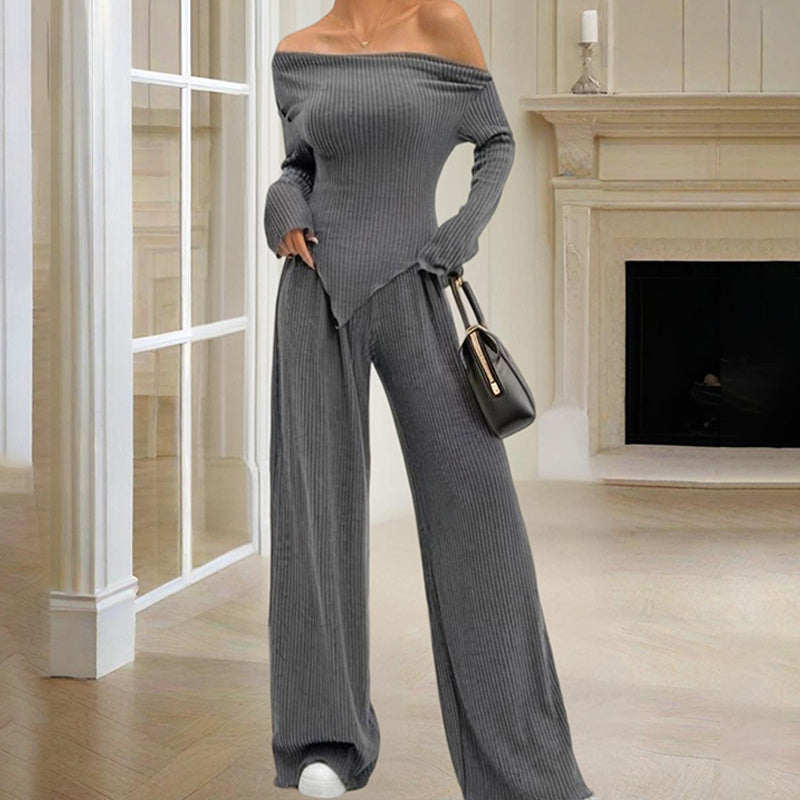 Women's Asymmetrical Hem and Ruffled Cuff Solid Color Off-Shoulder Long Sleeve Top & Pants Set