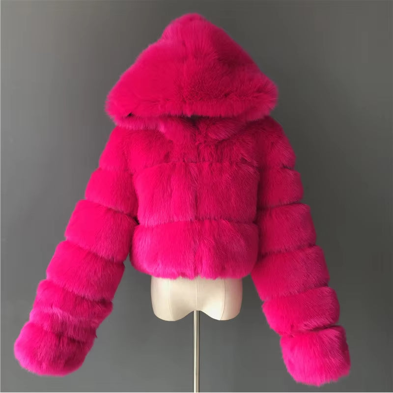 Hooded Fluffy Cropped Faux Fur Coats 