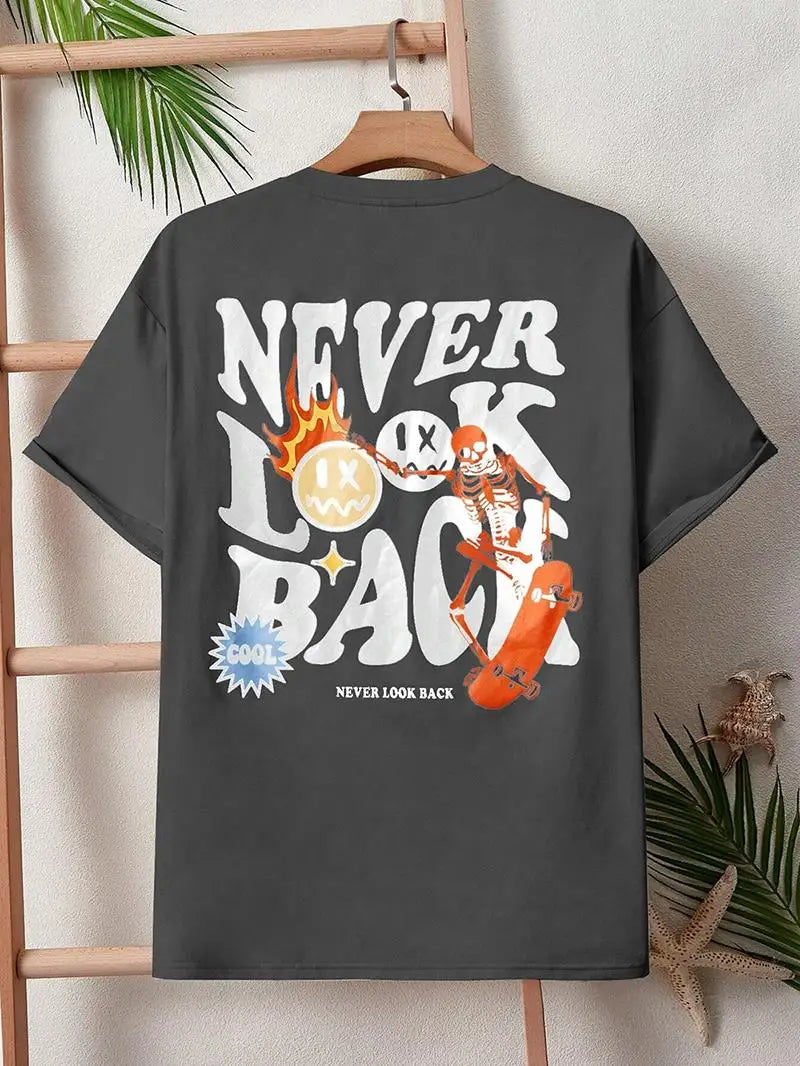 Never Look Back Cartoon Skeleton Crewneck Loose Tee