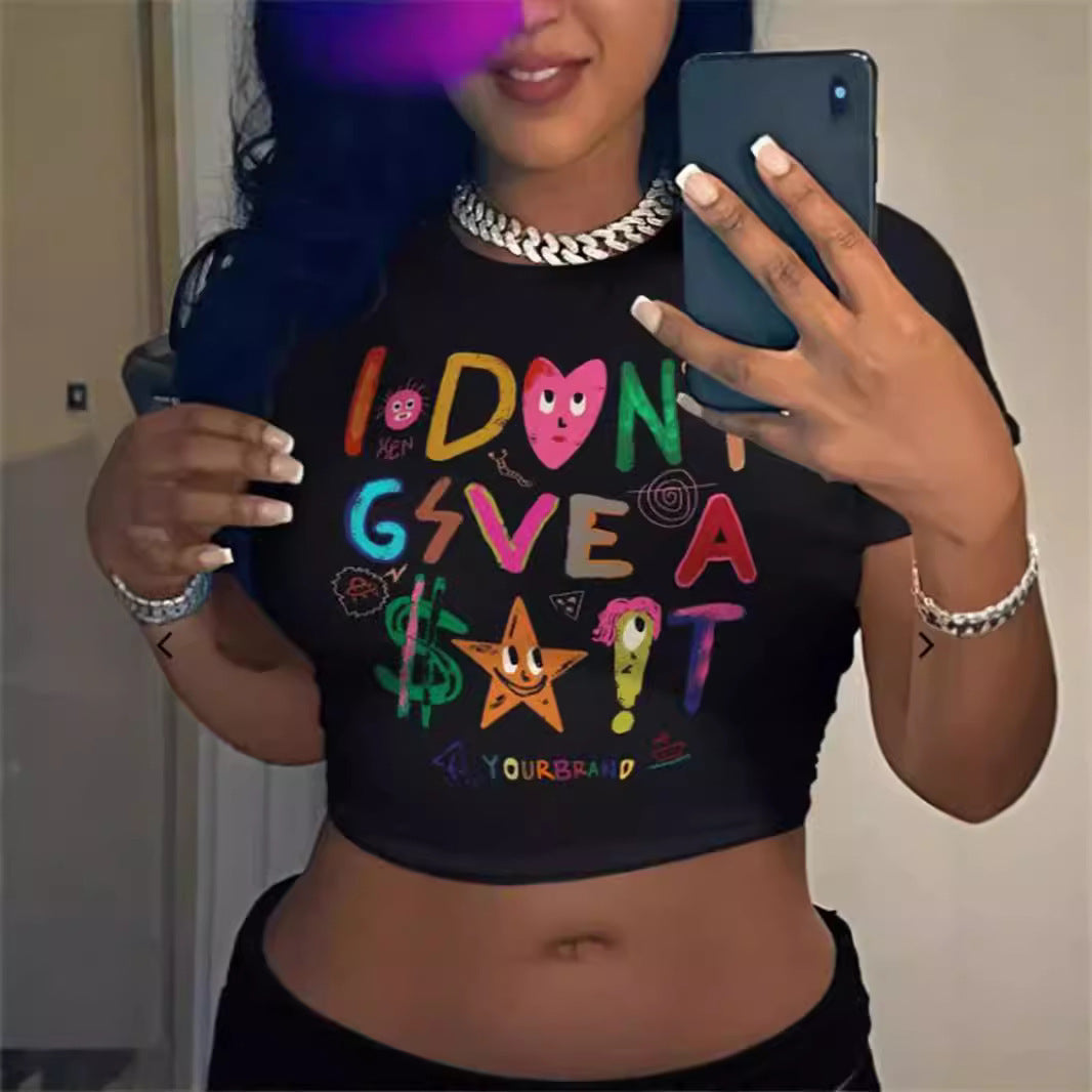 I Don't Give A Shhh Letter Print Short Sleeve Crop Tee