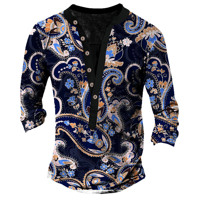 Retro Printed Paisley Henley Neck Shirt