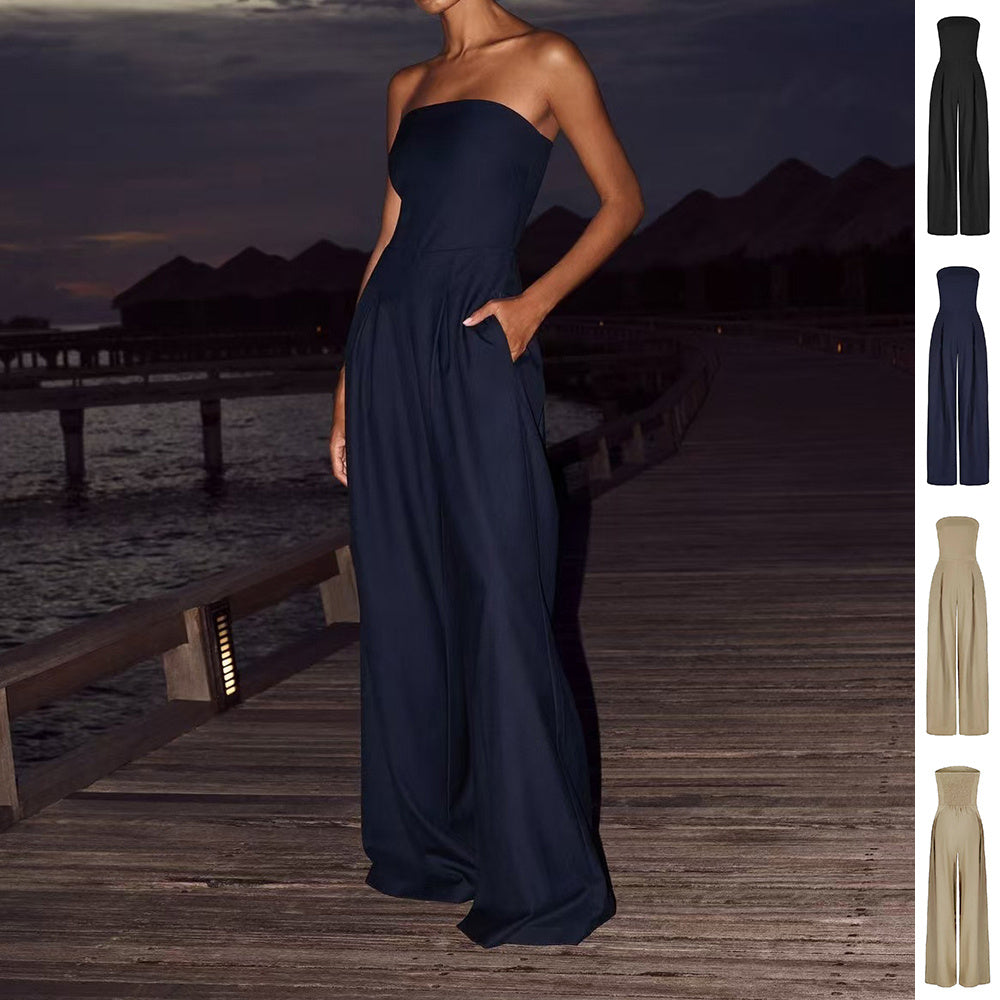 Loose Tube-Top Jumpsuit Wide Leg Pants