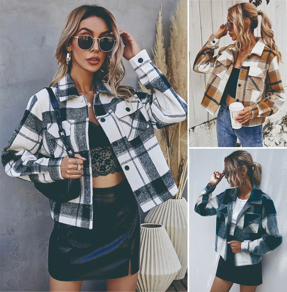 Single-breasted Woolen Plaid Short Coat Jacket