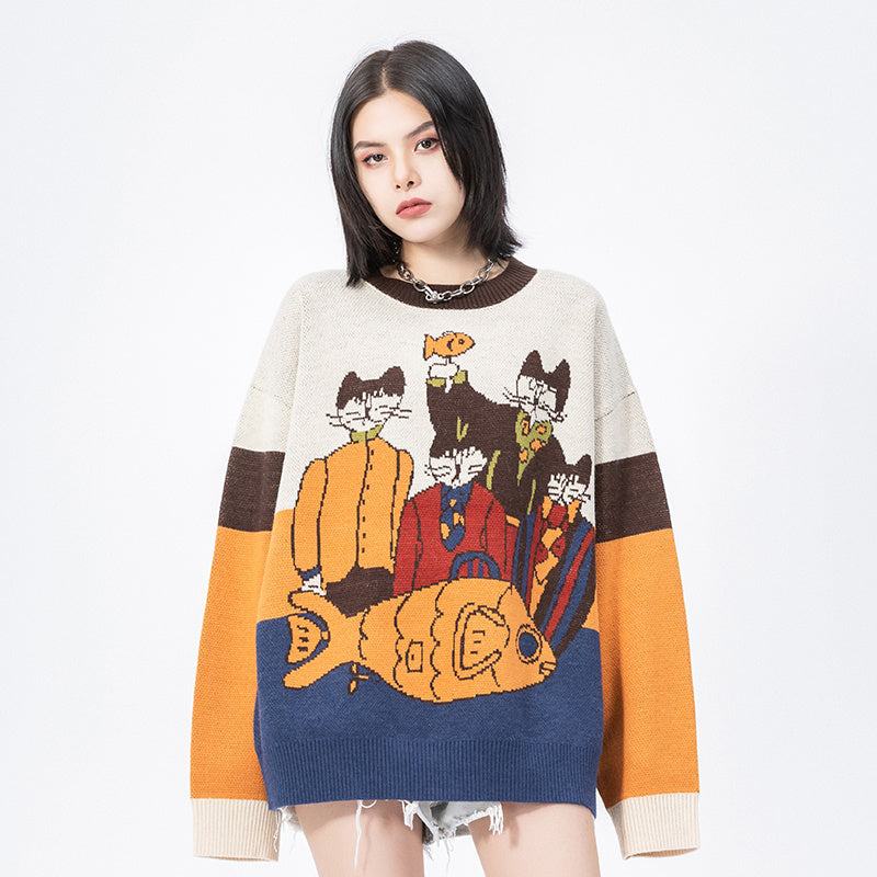 Retro Cartoon Print Loose Round Neck Sweater Long Sleeve Shirt