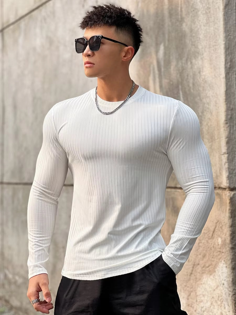 Ribbed Quick-Dry Fitness Casual Long Sleeve Shirt