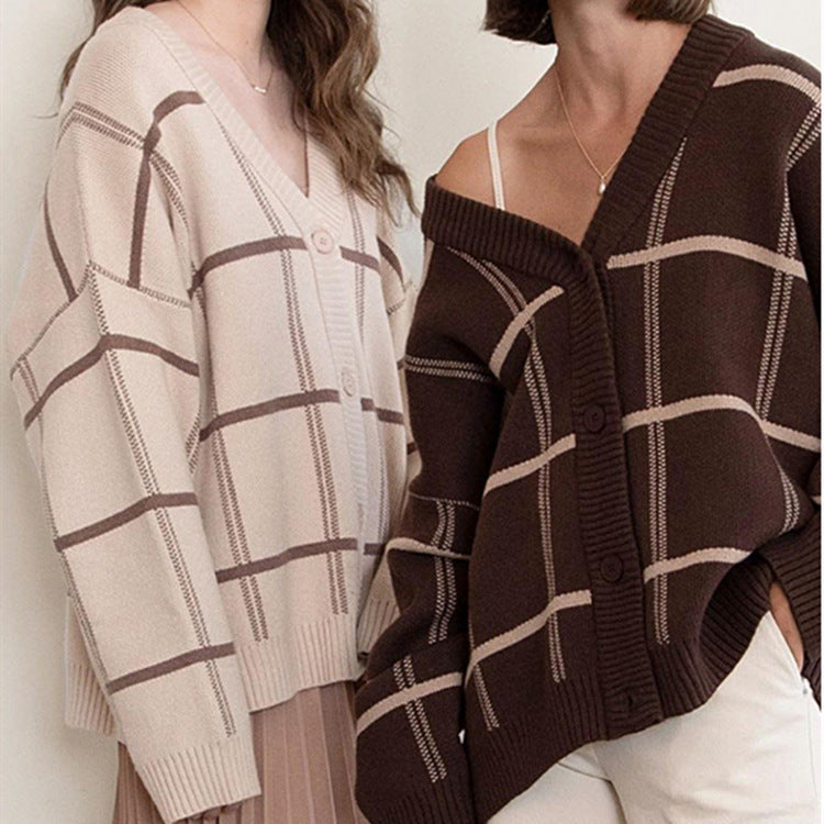British Retro Loose Mid-Length Plaid Cardigan Coat