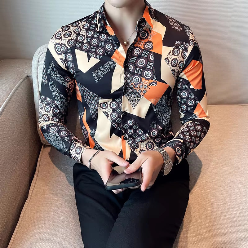 Premium Geometric Retro Print Men's Fashion Button-Up Shirt