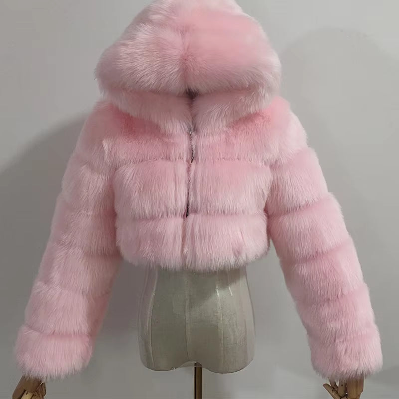 Hooded Fluffy Cropped Faux Fur Coats 