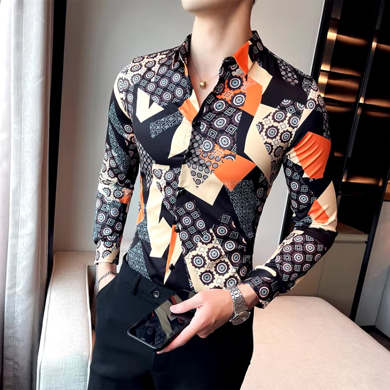 Premium Geometric Retro Print Men's Fashion Button-Up Shirt