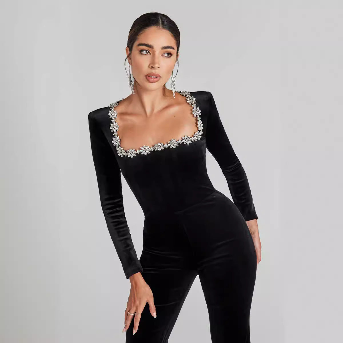 Women's Diamond Square-Collar Hollow High-Waist Slim-Fit Jumpsuit