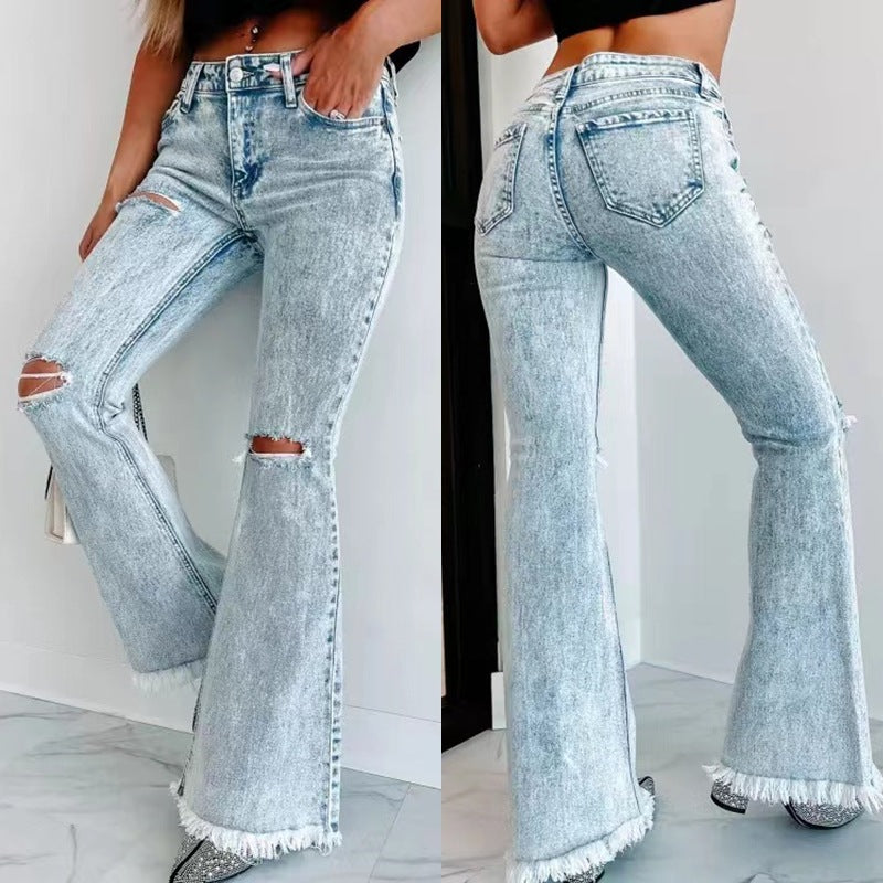 Washed High Waist Flared Ripped Jeans