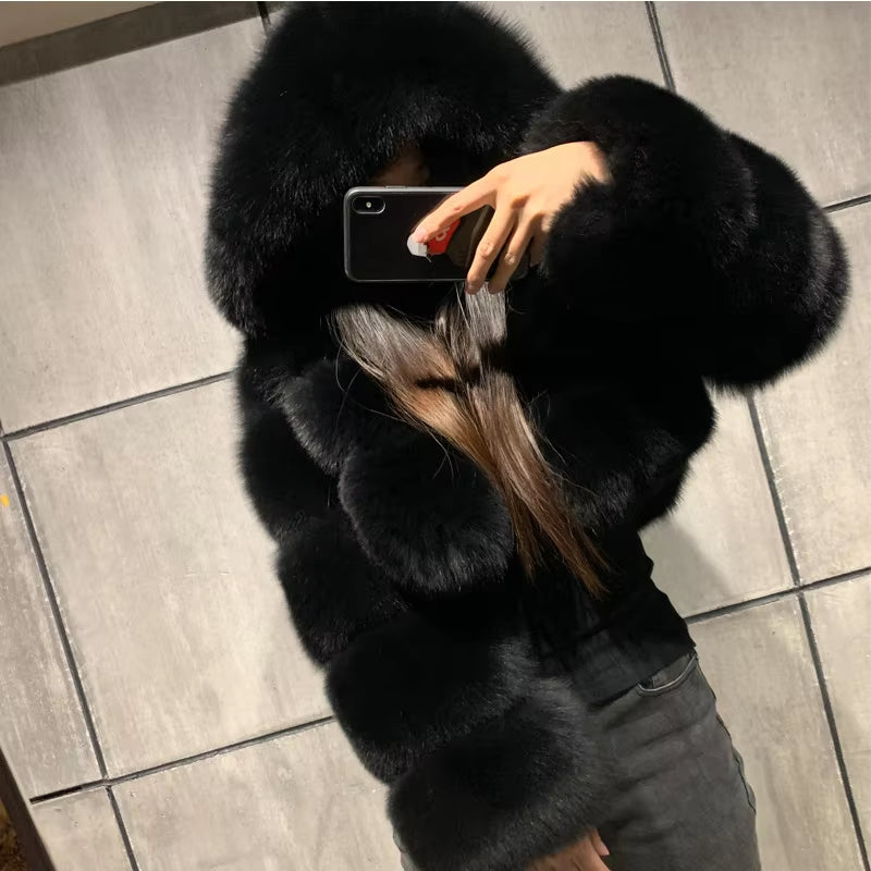 Hooded Fluffy Cropped Faux Fur Coats 