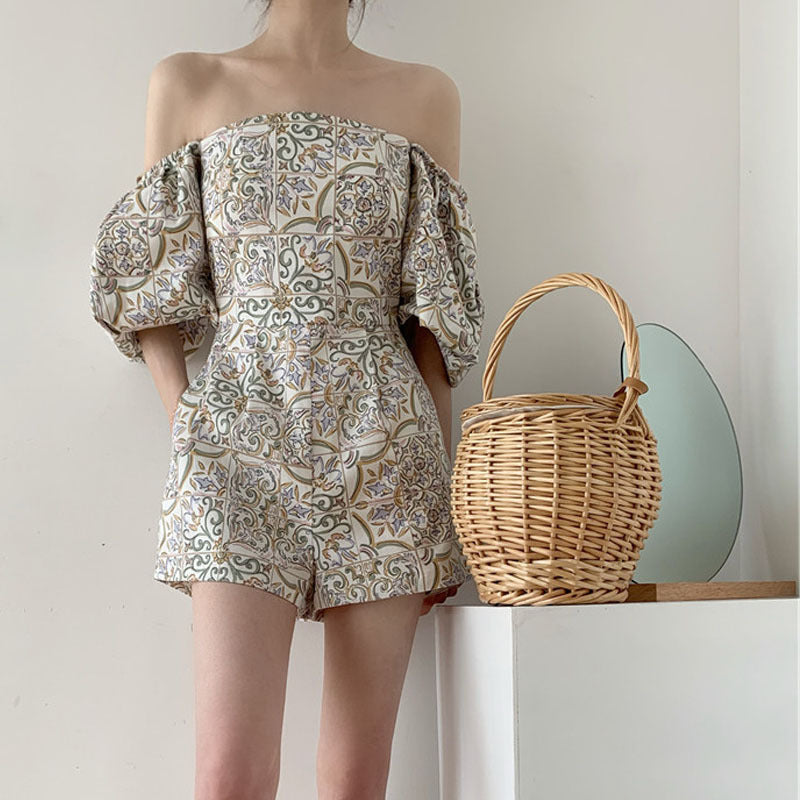 Thin Square Collar Floral Pattern Puffy Off-Shoulder Sleeve Jumpsuit