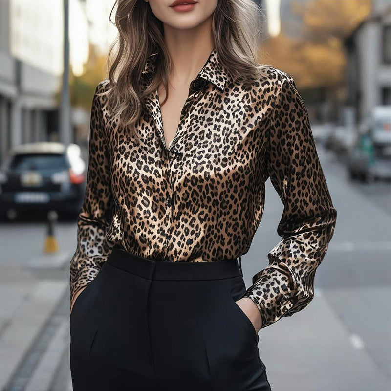 Women's Satin Lapel Long Sleeve Tapered Button Shirt