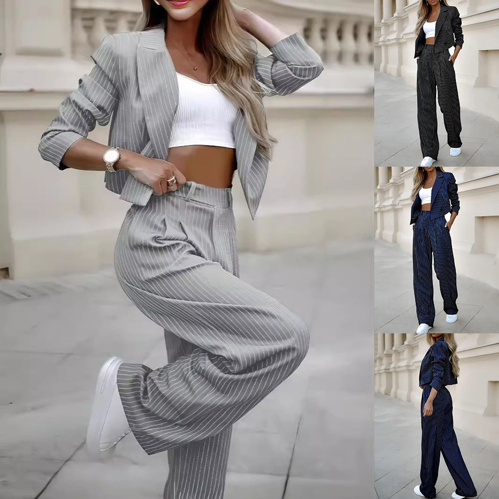 Cropped Blazer and Straight Pants Striped Suit Set