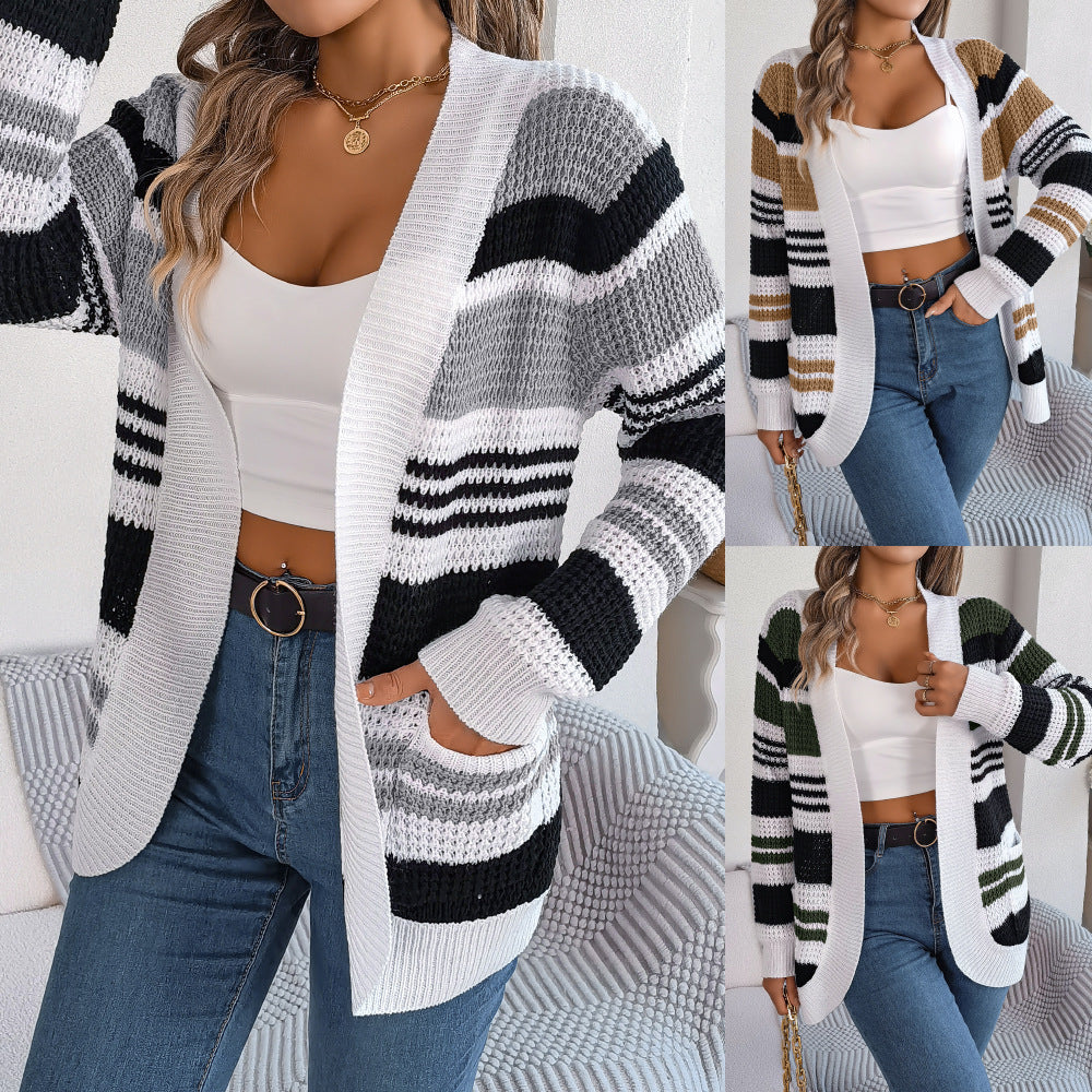 Contrast Color Striped Pocket Cardigan