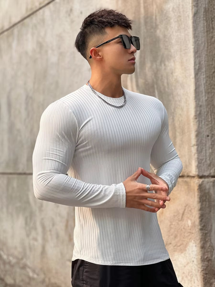 Ribbed Quick-Dry Fitness Casual Long Sleeve Shirt