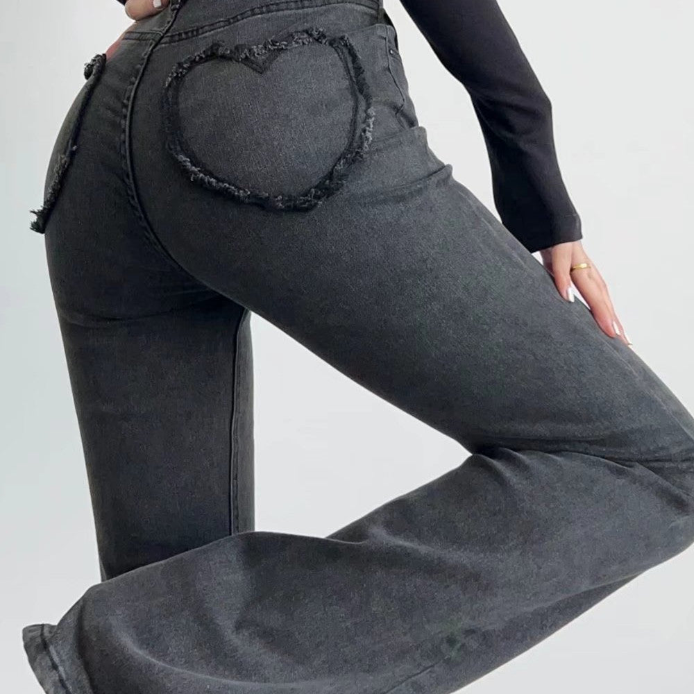 Women's Casual Love Heart Pocket Washed Flare Jeans