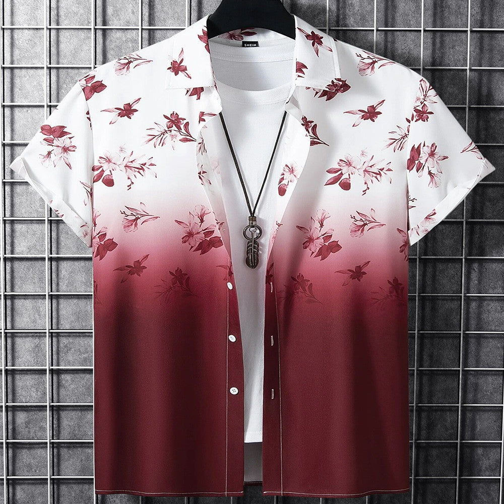 Men's Bohemian Loose Floral Print Gradient Short Sleeve