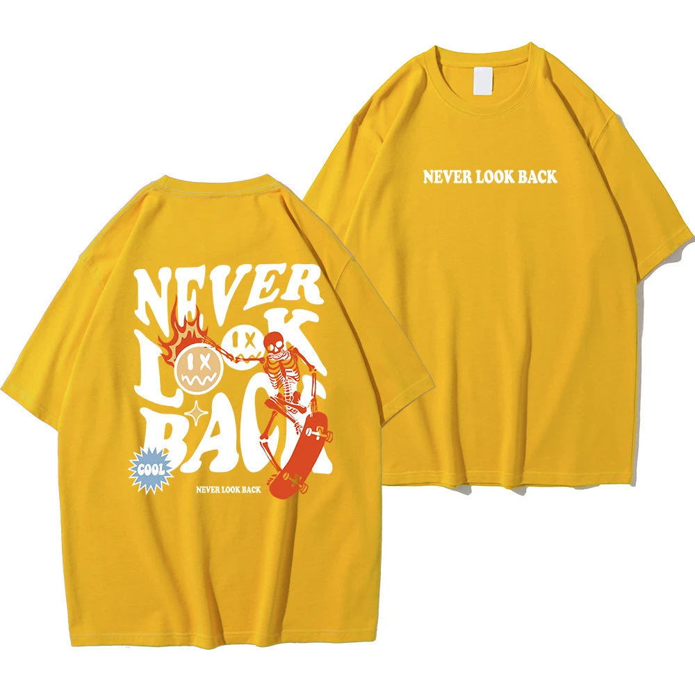 Never Look Back Cartoon Skeleton Crewneck Loose Tee