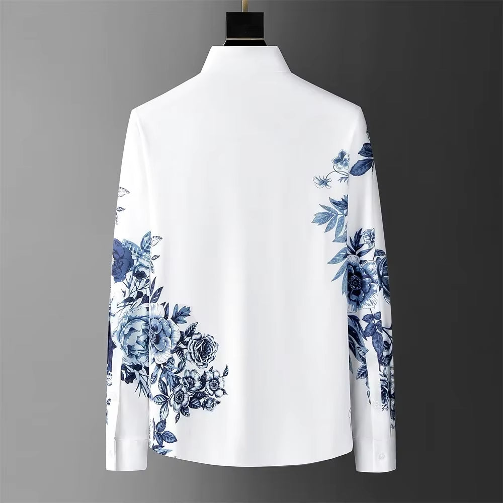 Seamless Elastic Shaded Blues Floral Button-Up Shirt