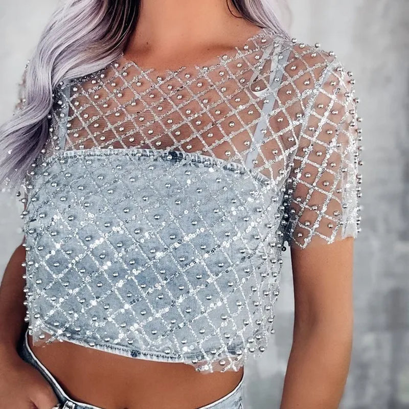 Edgy Chic Mesh Studded Sequin Cropped Shirt