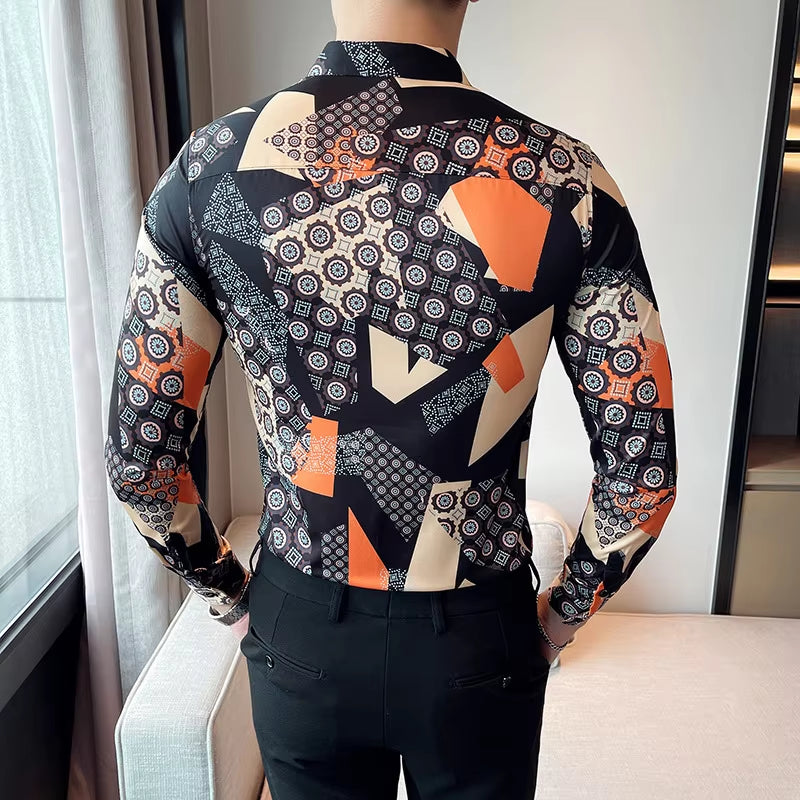 Premium Geometric Retro Print Men's Fashion Button-Up Shirt