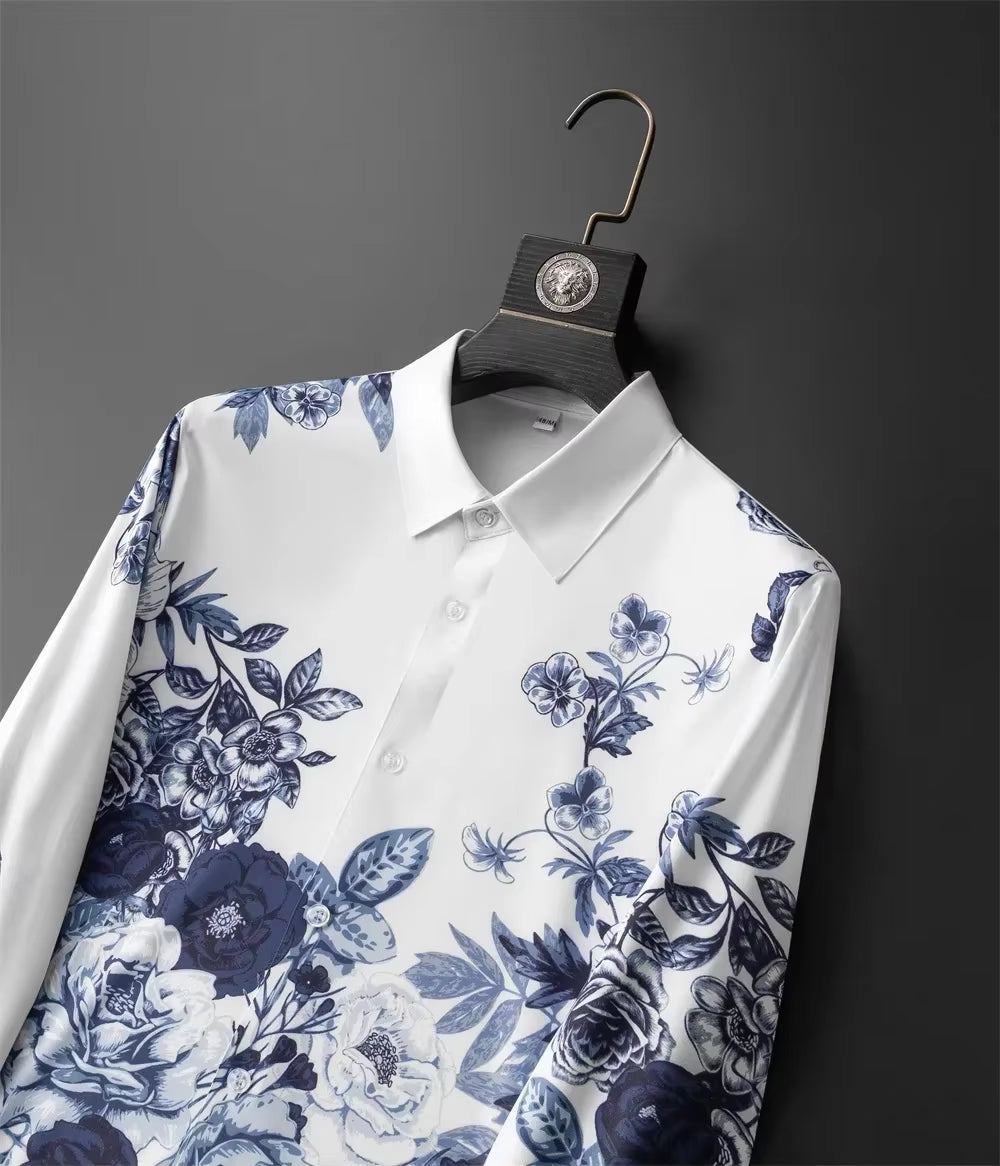 Seamless Elastic Shaded Blues Floral Button-Up Shirt