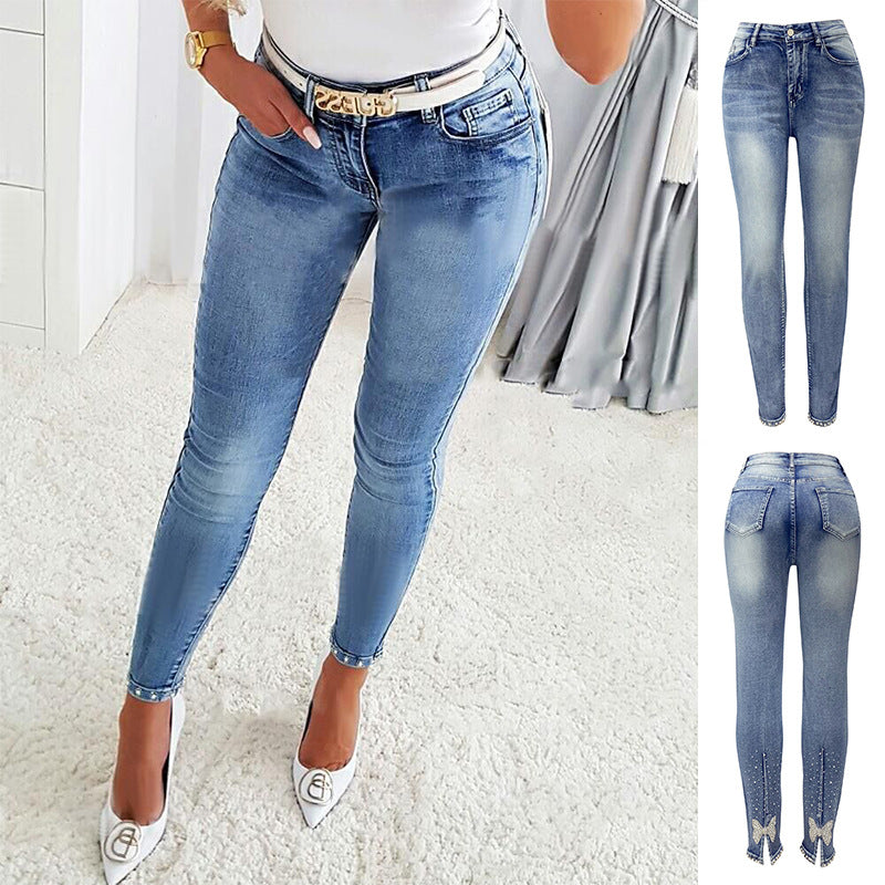 Women's High Waist Beaded Skinny Tappered Jeans