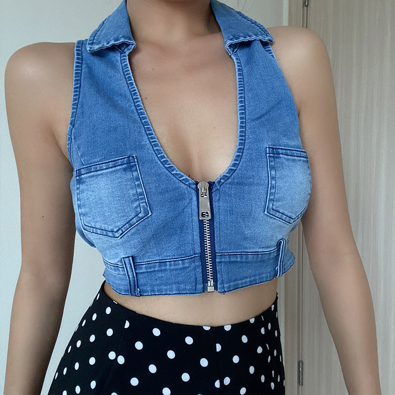Deep V-Neck Vintage Distressed Pocket Zip Sleeveless Top