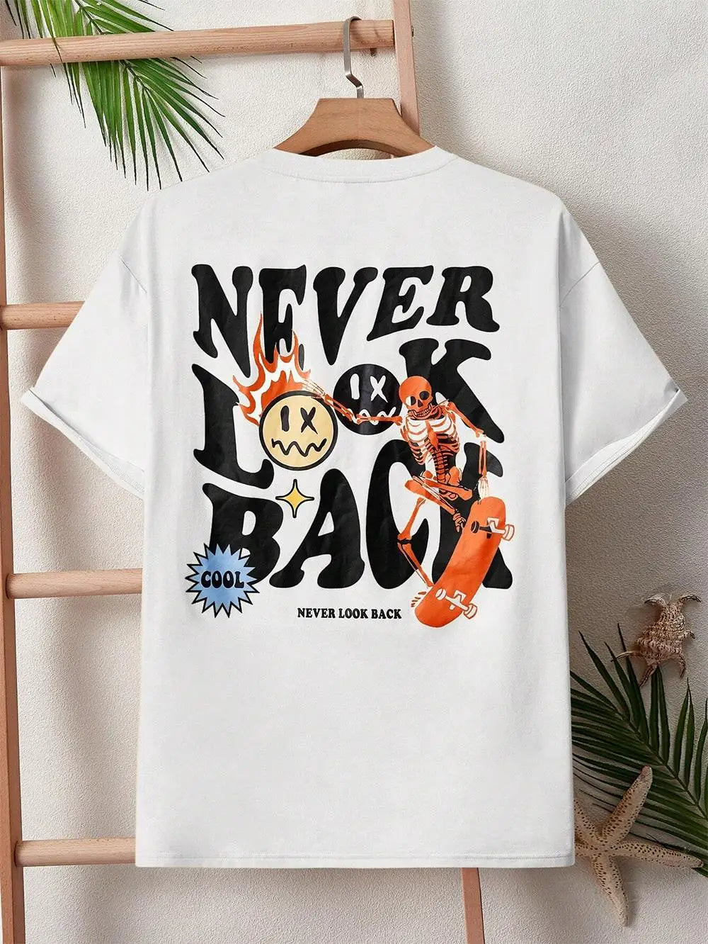 Never Look Back Cartoon Skeleton Crewneck Loose Tee