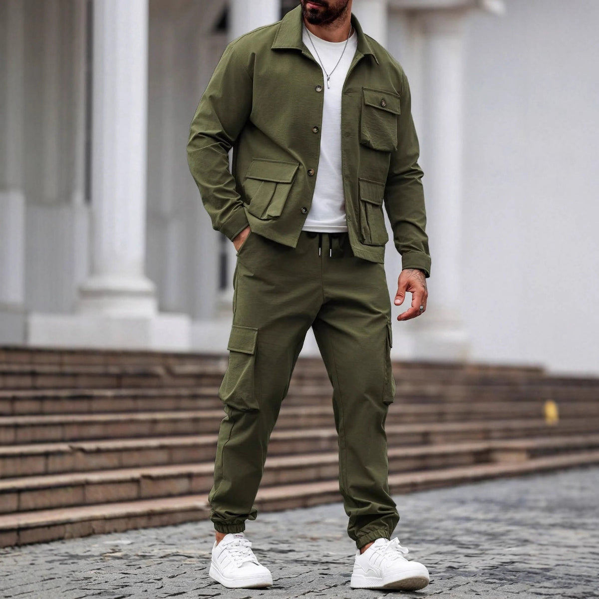 Men's Heavy Vintage Overalls Jacket Multi-Pocket Cargo Shirt and Pants Set