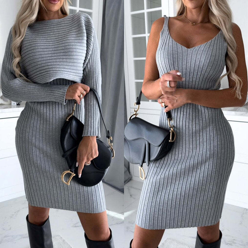 Two-Piece Striped Crop Top Suspender Dress Sweater Set