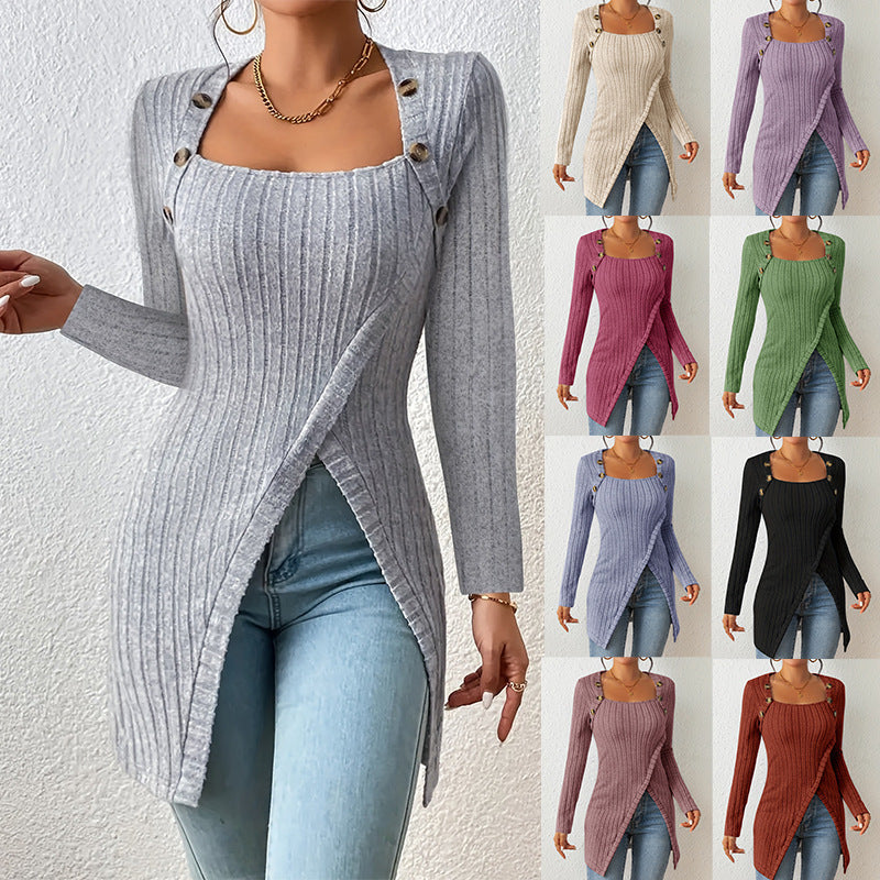 Square-Neck Padded Shoulder Long Slit Sweater