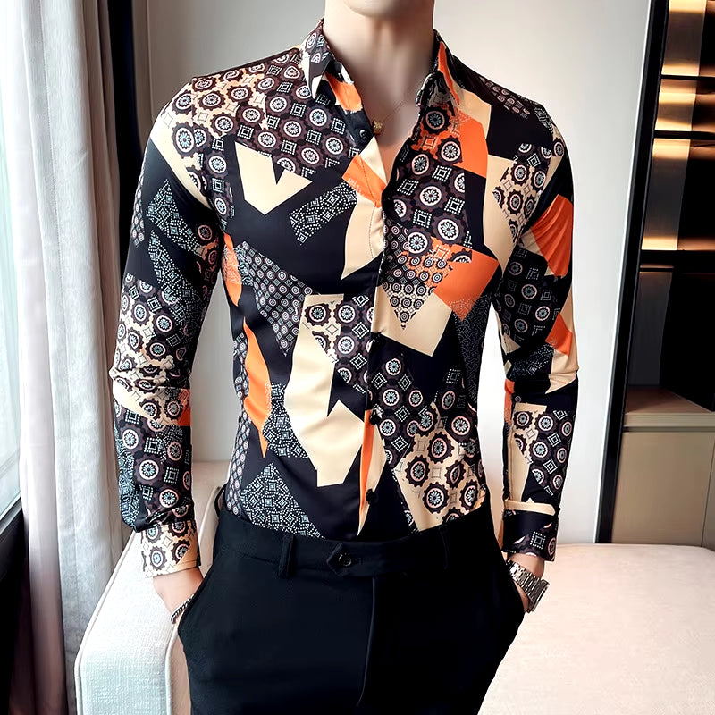 Premium Geometric Retro Print Men's Fashion Button-Up Shirt