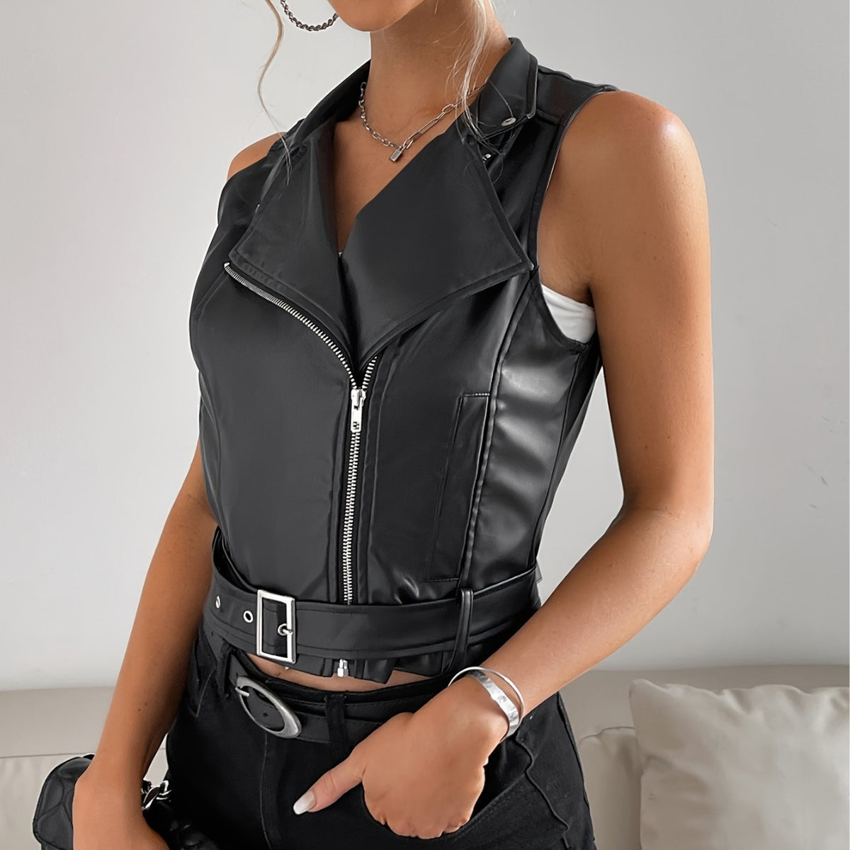 Versatile Zipper PU Leather Tank Top Buckle Jacket