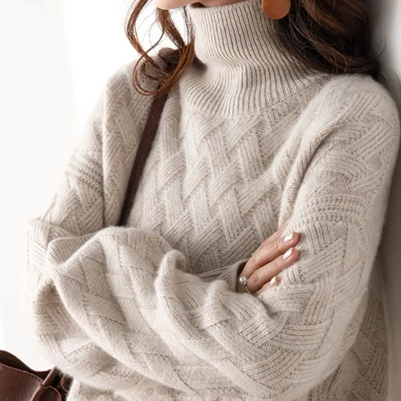 Women's Chic Cashmere Loose Turtleneck Cross Knit Pattern Sweatshirt