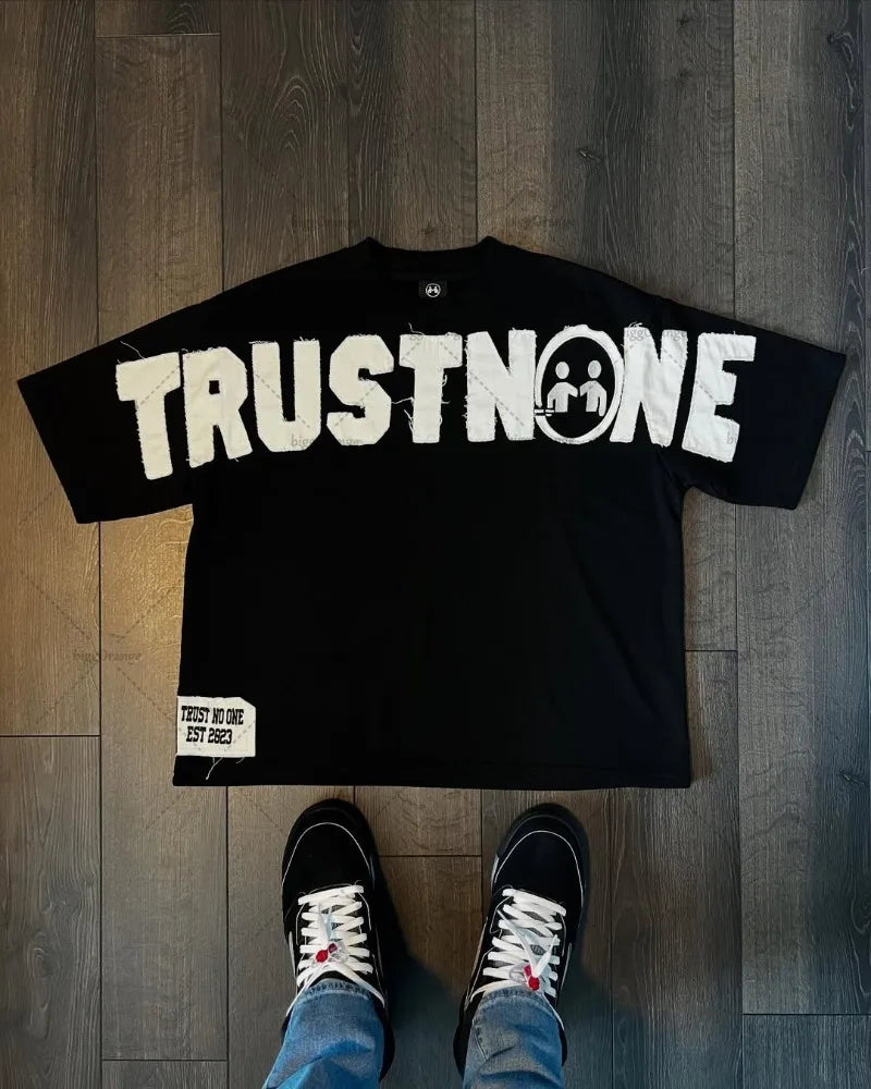 Men's "Trust None" Loose Letter Design T-Shirt Retro Y2K Harajuku Oversized Top