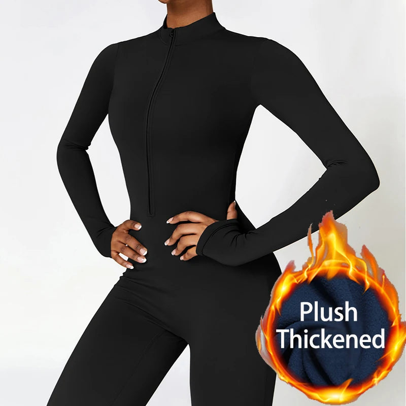 Women's Black Plush-Warming One-Piece Fitness Sports Track Jumpsuit