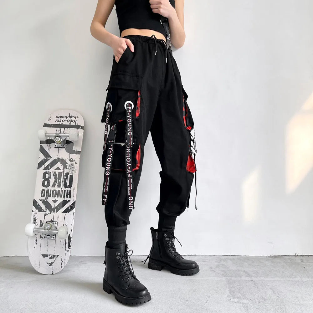 Women's Elastic High-Waist Punk Loose-Straps Pocket Cargo Jogger Pants With Chain