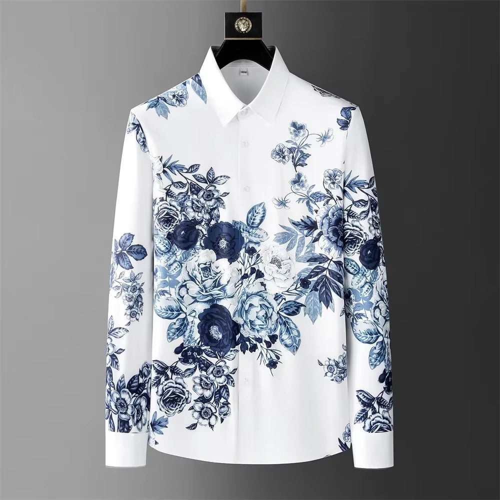 Seamless Elastic Shaded Blues Floral Button-Up Shirt