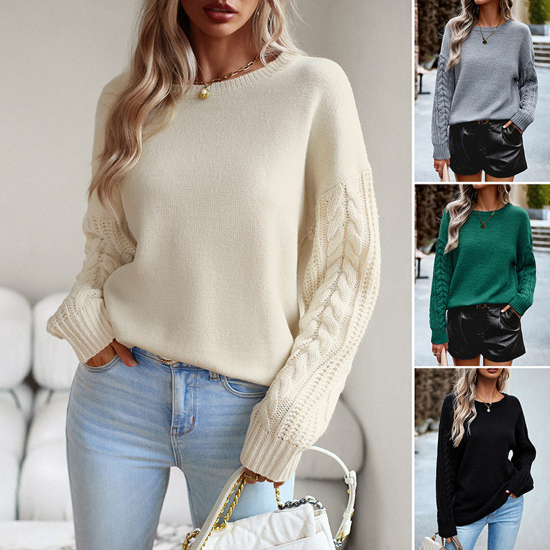 Textured Sleeve Round Neck Wool Simple Sweater