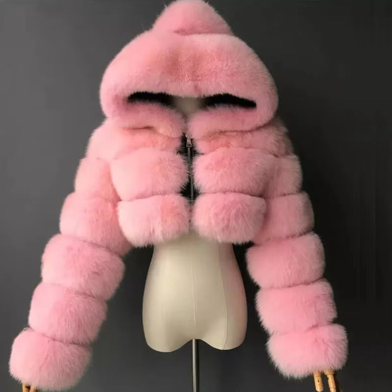 Hooded Fluffy Cropped Faux Fur Coats 